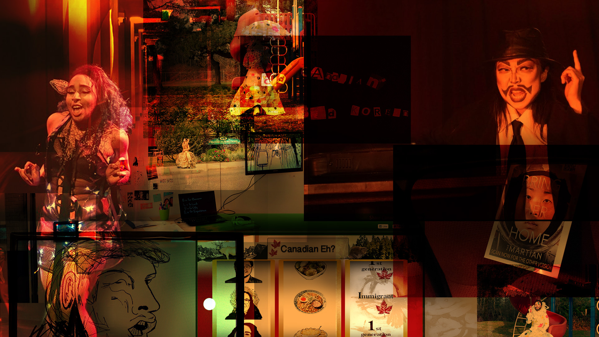 A collage of artworks from the Digital Carnival Z festival. The main two images are of Rye and Skim, while other images are layered with different amounts of transparency.
