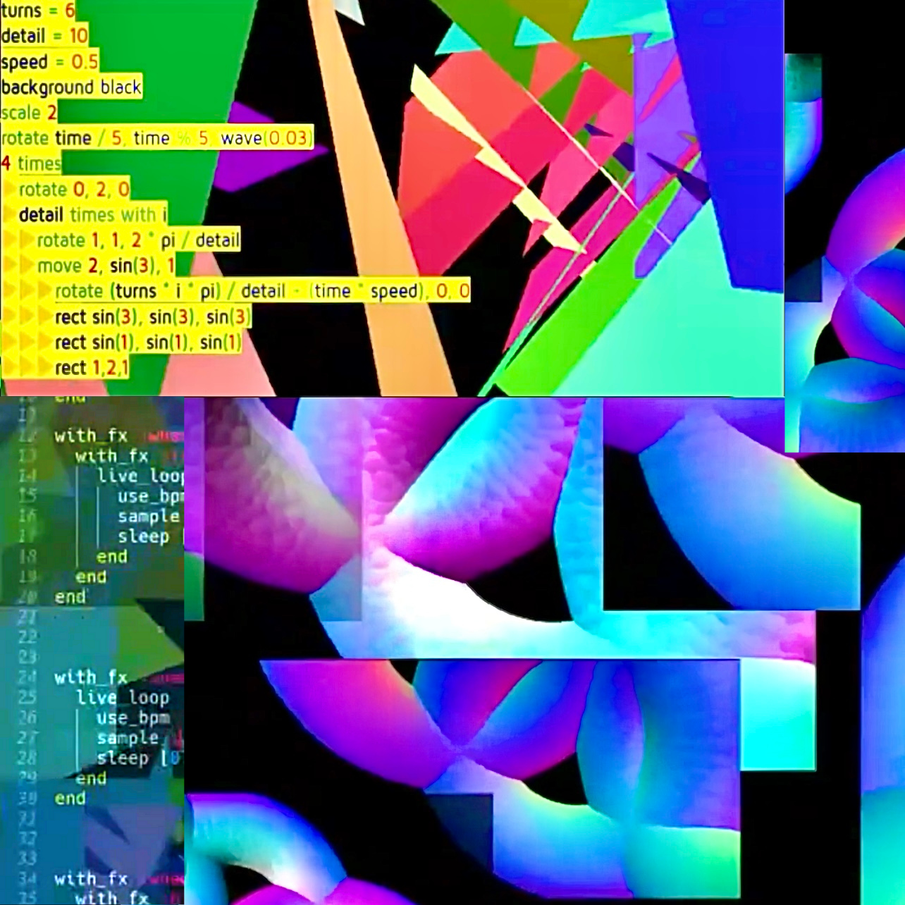 Collage in blues, greens, and yellow of coding artwork by artist