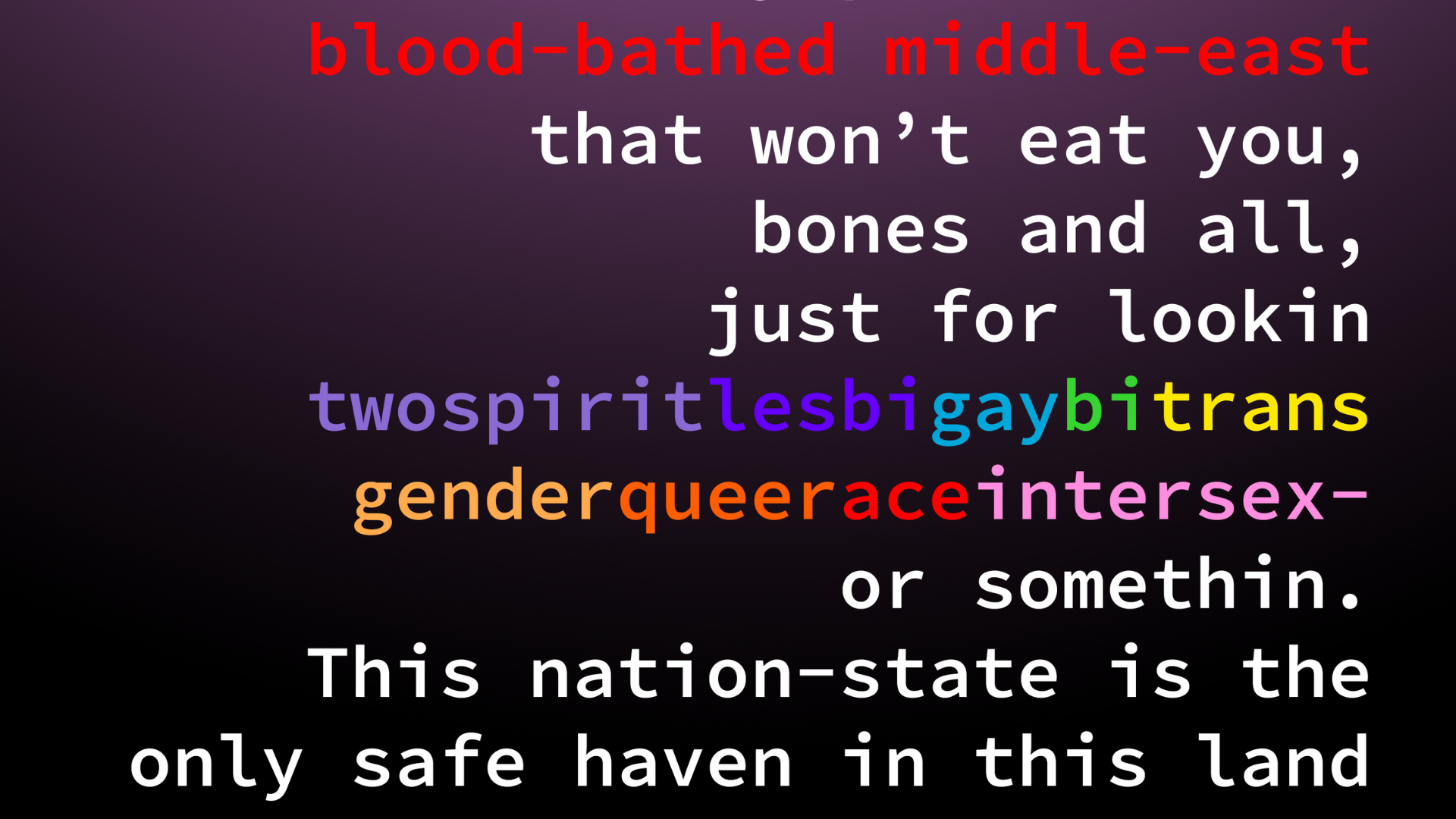 A section of poem Negev Varod by Mickey Morgan. The background is a gradient colour of dark pink and black, with multicoloured texts that reads: "blood-bathed middle-east that won't eat you, bones and all, just for lookin twospiritlesbigaybitransgenderqueeraceintersex- or somethin. This nation-state is the only safe haven in this land".
